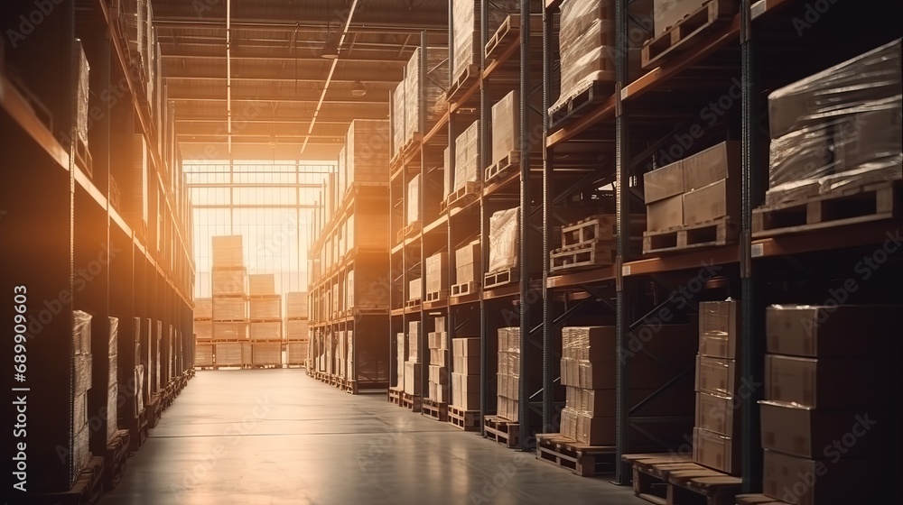 Retail warehouse full of shelves with goods in cartons, with pallets and forklifts. Logistics and transportation blurred background. Product distribution center. Warehouse concept. Delivery concept. Retail warehouse full of shelves with goods in cartons, with pallets and forklifts. Logistics and transportation blurred background. Product distribution center. Warehouse concept. Delivery concept.