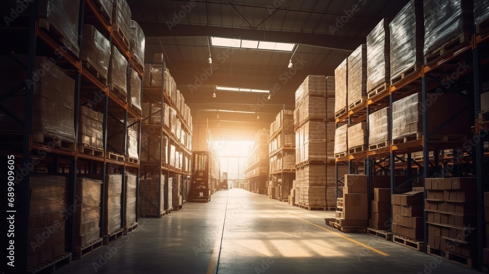 Retail warehouse full of shelves with goods in cartons, with pallets and forklifts. Logistics and transportation blurred background. Product distribution center. Warehouse concept. Delivery concept.