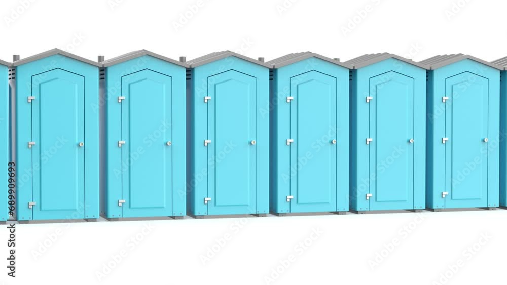 Row with portable plastic toilets on white background