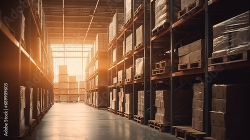 Retail warehouse full of shelves with goods in cartons, with pallets and forklifts. Logistics and transportation blurred background. Product distribution center. Warehouse concept. Delivery concept.