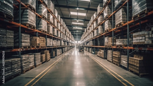 Retail warehouse full of shelves with goods in cartons, with pallets and forklifts. Logistics and transportation blurred background. Product distribution center. Warehouse concept. Delivery concept. © IC Production