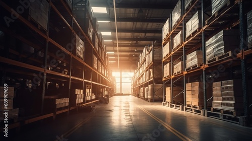 Retail warehouse full of shelves with goods in cartons, with pallets and forklifts. Logistics and transportation blurred background. Product distribution center. Warehouse concept. Delivery concept.