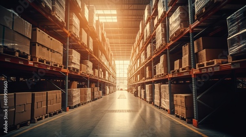 Retail warehouse full of shelves with goods in cartons, with pallets and forklifts. Logistics and transportation blurred background. Product distribution center. Warehouse concept. Delivery concept. © IC Production