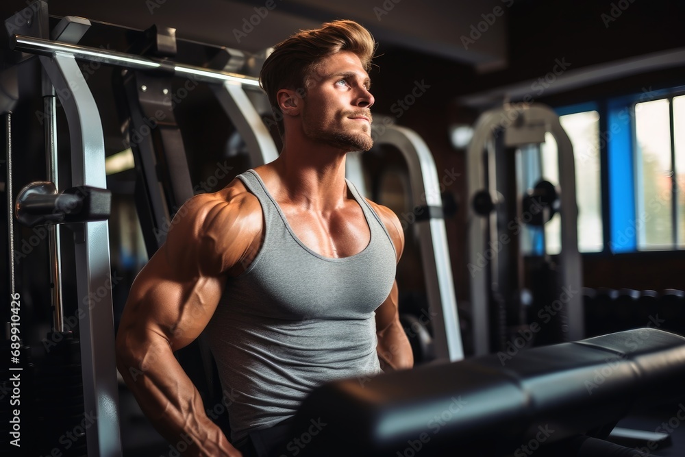 A Strong man pumping weights in the gym.