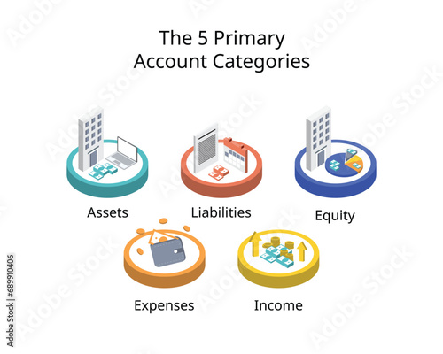 The 5 primary account categories are assets, liabilities, equity, expenses, and income or revenue