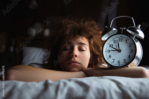 A woman waking up from her alarm clock looking very annoyed. photo