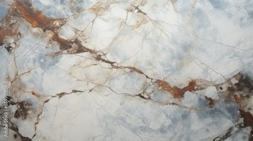 White Marble with Rusty Iron Horizontal Background. Abstract stone texture with Veins and cracks. Bright natural material aged cracked surface. AI Generated photorealistic Illustration.