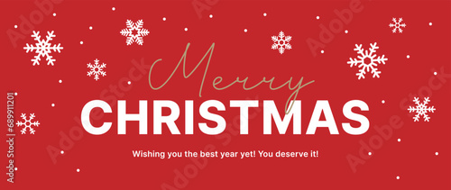 This is a Christmas concept banner illustration design with snow and snowflake patterns on a red background. The typographic reads 'merry christmas'.