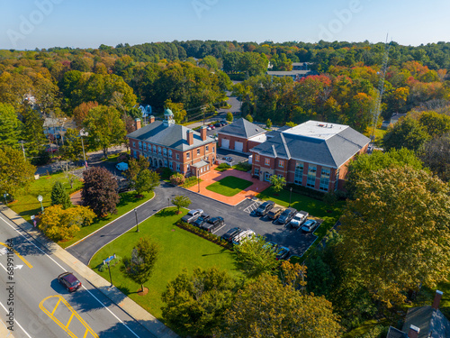 Westwood Town Hall and Police Department aerial view on High Street in historic town center of Westwood, Massachusetts MA, USA.  photo