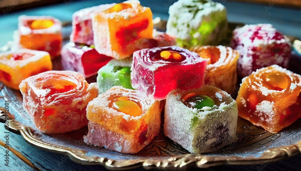 Turkish Delight holiday candy close-up. ramadan kareem. Eid mubarek sugar close up	
