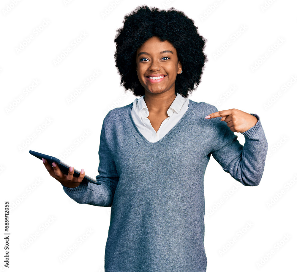 Young african american woman using touchpad device pointing finger to one self smiling happy and proud Young african american woman using touchpad device pointing finger to one self smiling happy and proud