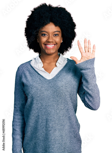 Young african american woman wearing business clothes showing and pointing up with fingers number five while smiling confident and happy.
