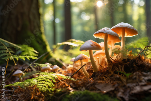 Fairytale hallucinogenic mushrooms growing in green moss in sunny magical forest. photo