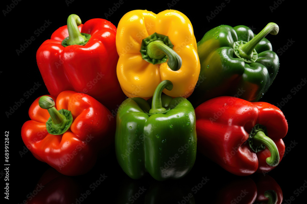 A composition of multicolored bell peppers, representing the spectrum of flavors and nutrients within this vegetable family. Concept of vibrant pepper diversity. Generative Ai.