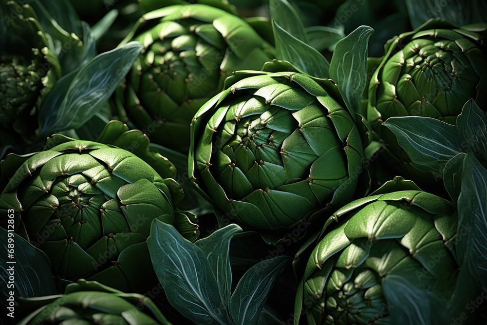 A close-up of artichoke hearts, showcasing the intricate patterns and textures that make them a culinary delicacy. Concept of artichoke indulgence. Generative Ai. A close-up of artichoke hearts, showcasing the intricate patterns and textures that make them a culinary delicacy. Concept of artichoke indulgence. Generative Ai.