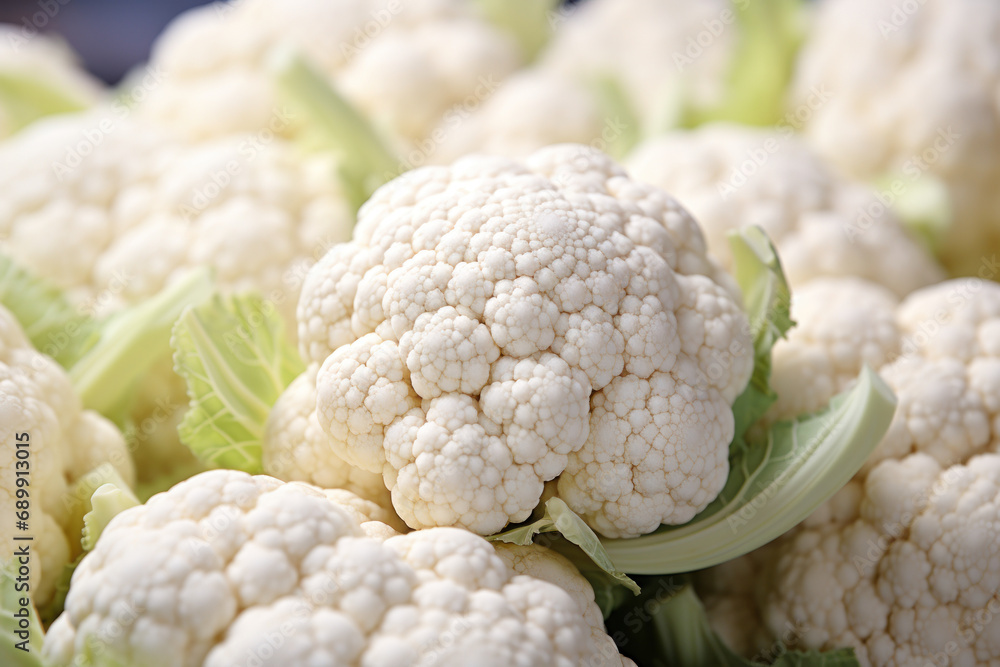 A close-up of cauliflower florets, showcasing their subtle beauty and versatility as a low-carb alternative. Concept of cauliflower delicacy. Generative Ai. A close-up of cauliflower florets, showcasing their subtle beauty and versatility as a low-carb alternative. Concept of cauliflower delicacy. Generative Ai.