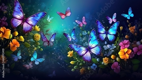 Dance of summer butterflies Bright butterflies in the air against the background of flowers