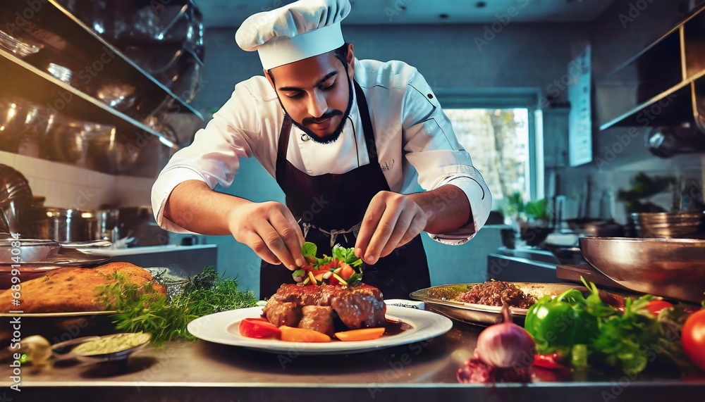 Chef finishing and garnishing food he prepared, a dish with meat and vegetable Chef finishing and garnishing food he prepared, a dish with meat and vegetable