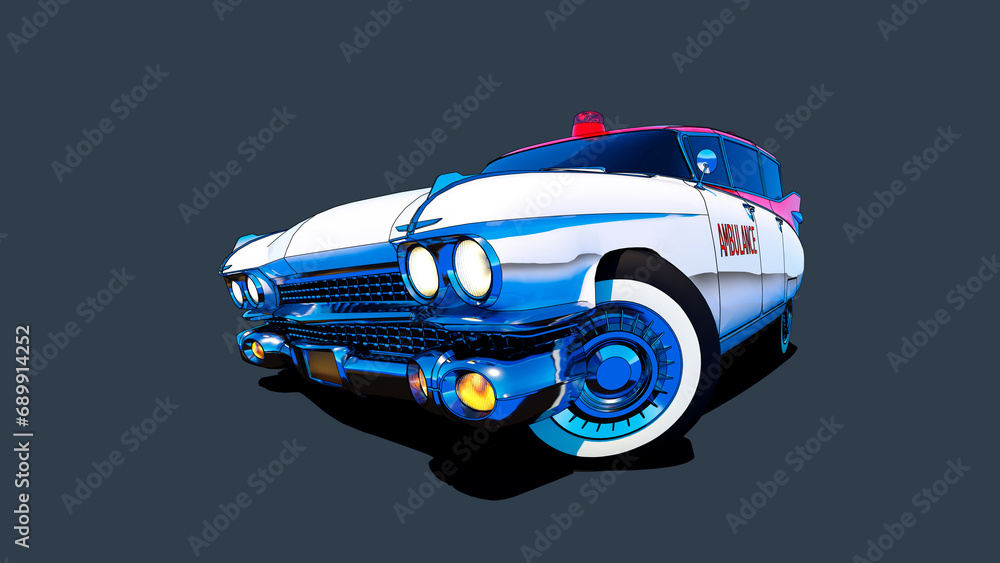 White cartoon car. Classic American car. Ambulance on a grey background 3D rendering.