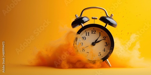 Alarm clock with stunning smoke background. The concept of time passing and disappearing photo