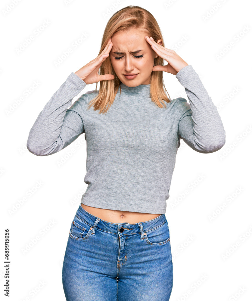 Beautiful caucasian woman wearing casual clothes with hand on head for pain in head because stress. suffering migraine. Beautiful caucasian woman wearing casual clothes with hand on head for pain in head because stress. suffering migraine.