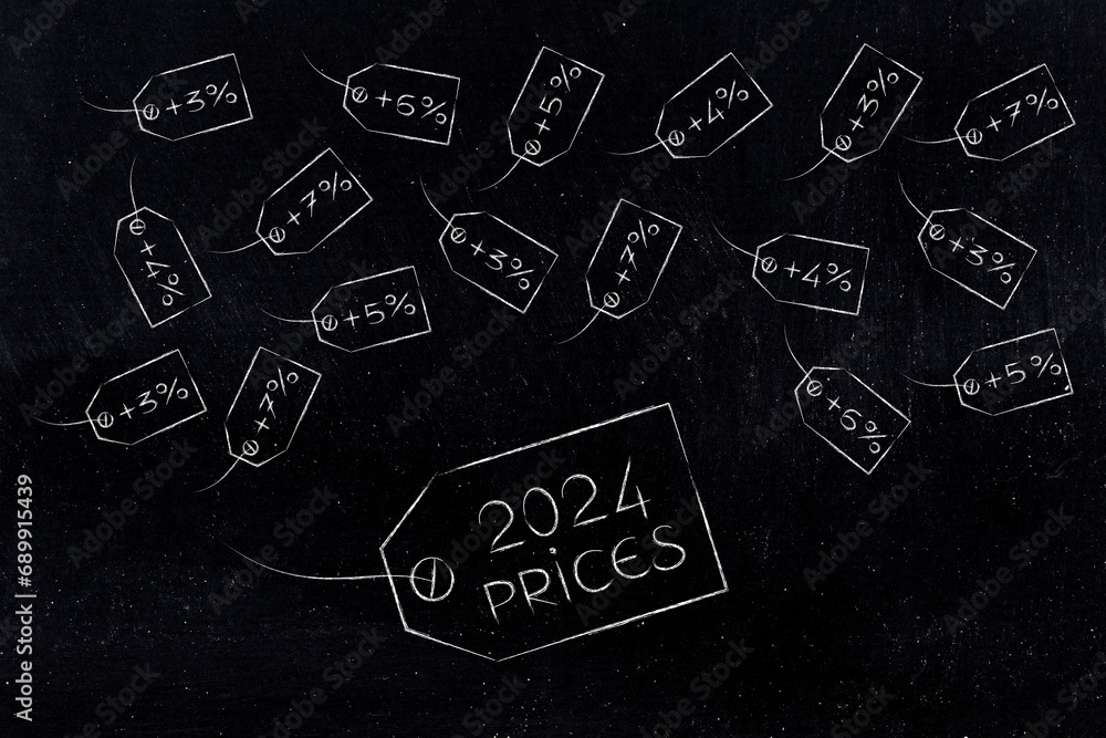 2024 inflation and recession concept, label with 2024 Prices text with