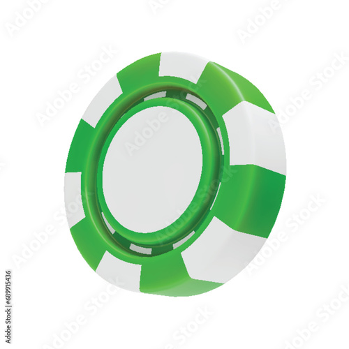 Green and white rotating casino chip 3D rendering. Casino, gambling game, betting symbol. Online gambling token for slot, poker, roulette, blackjack three dimensional vector illustration