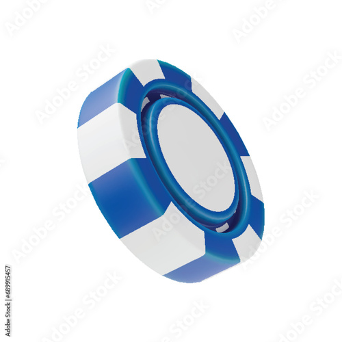3D blue and white falling casino chip, side view. Casino, gambling game, betting symbol. Online gambling token for slot, poker, roulette, blackjack three dimensional rendering vector illustration