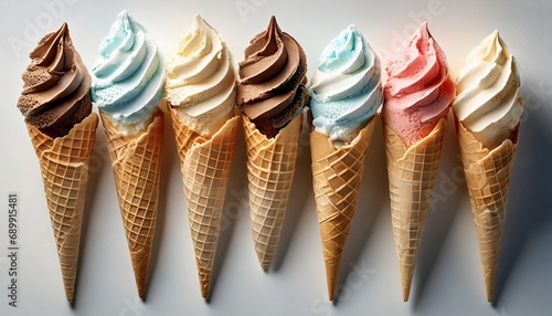 Variety of ice cream cones, white background 