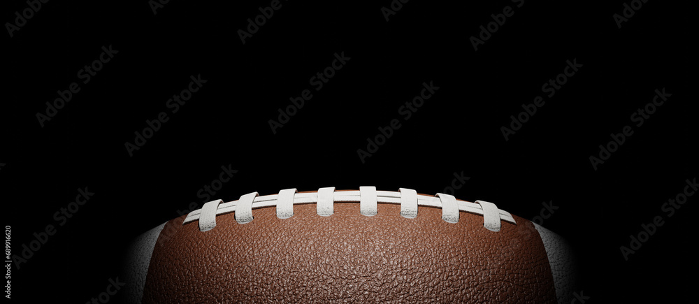 Black copy space background with partial illumination on the football, 3d rendering Black copy space background with partial illumination on the football, 3d rendering