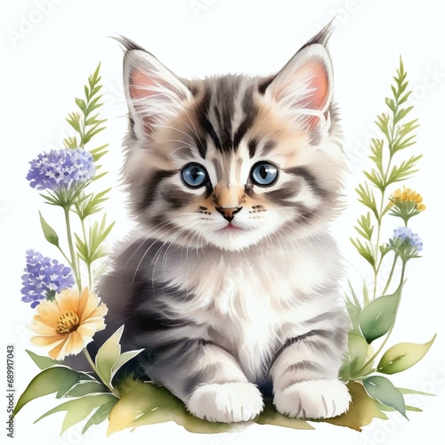 Watercolor Portrait of Siberian Kitten Amidst Colorful Wildflowers