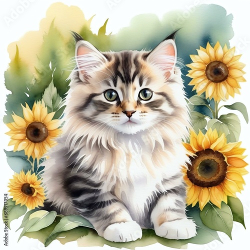 Sunflower Serenade: Watercolor Siberian Kitten in a Sunflower Meadow
