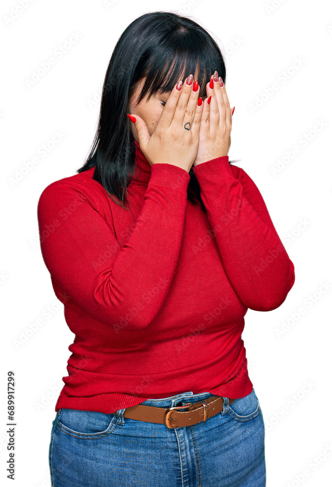 Young hispanic woman wearing casual clothes with sad expression covering face with hands while crying. depression concept. Young hispanic woman wearing casual clothes with sad expression covering face with hands while crying. depression concept.