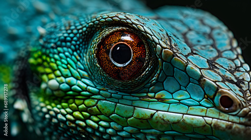close up of a green lizard  closeup on eye