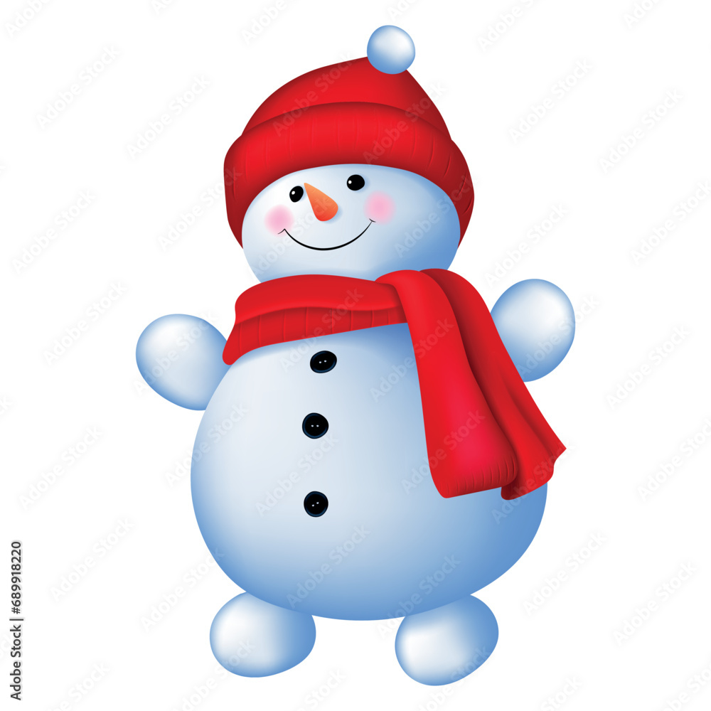 Cute funny laughing snowman with wool hat and scarf isolated on transparent background. Vector illustration