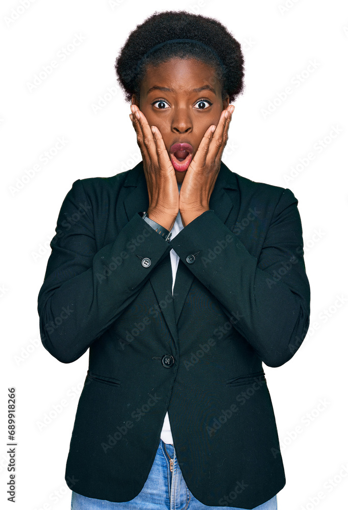 Young african american girl wearing business clothes afraid and shocked, surprise and amazed expression with hands on face Young african american girl wearing business clothes afraid and shocked, surprise and amazed expression with hands on face