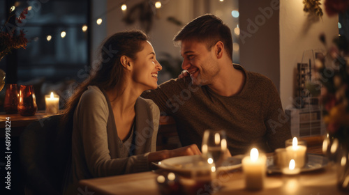 A man and a woman sitting at a table with candles. Romantic Valentine's day.