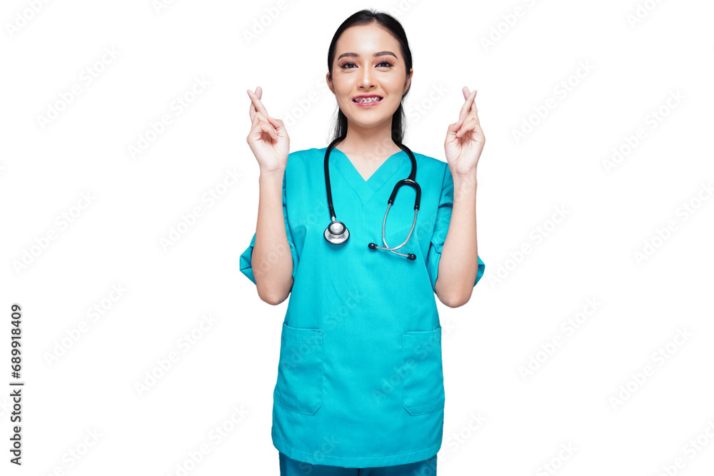 Beautiful young female nurse points up isolated transparent Beautiful young female nurse points up isolated transparent