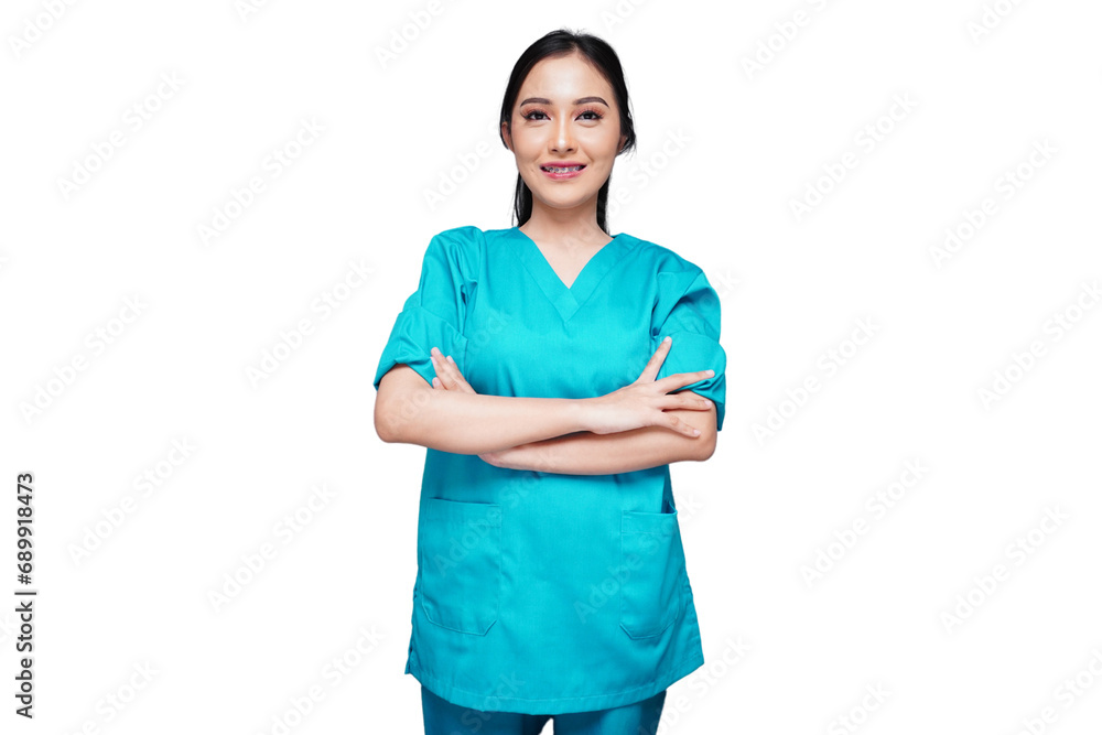 Beautiful young female nurse posing with her arms crossed over her chest isolated transparent Beautiful young female nurse posing with her arms crossed over her chest isolated transparent