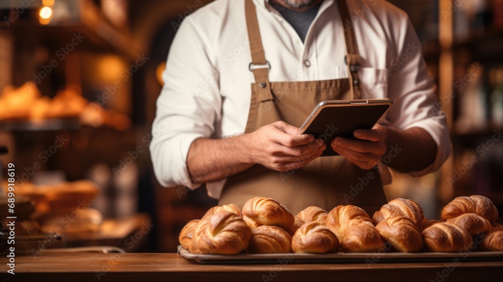 A man standing in front of a tray of croissants. Bakery worker.
