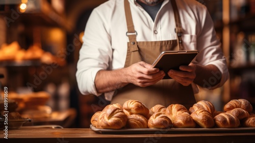 A man standing in front of a tray of croissants. Bakery worker.