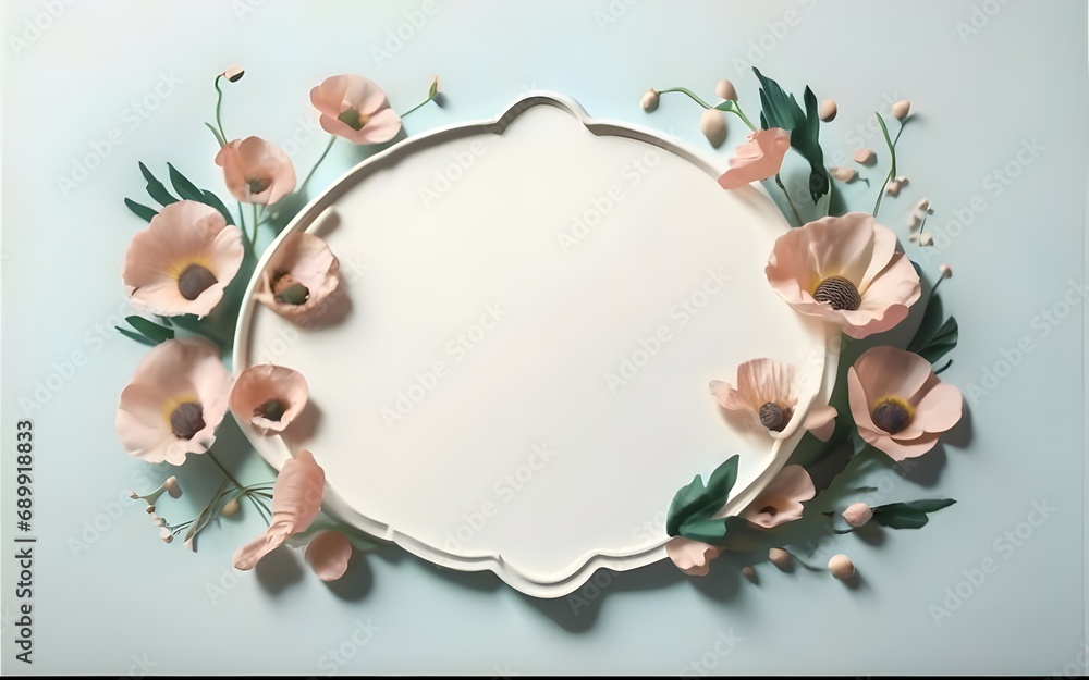 abstract Vintage white frame with pink poppies cloud shapes on a light blue background. minimal composition of the border. Generative AI , photo, ai floral 3d frame, ai floral frame, ai generative - obrazy, fototapety, plakaty 