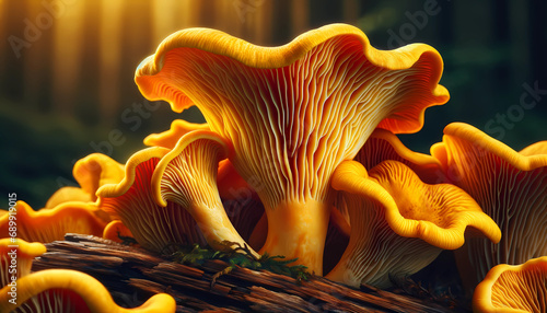 A detailed and vibrant image of Chanterelle mushrooms (Cantharellus cibarius) showing their characteristic yellow to orange color photo