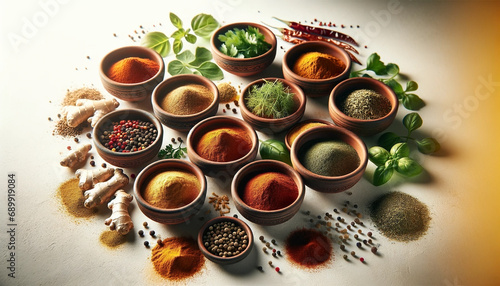 A culinary of small terracotta bowls filled with different spices and herb - Generative AI