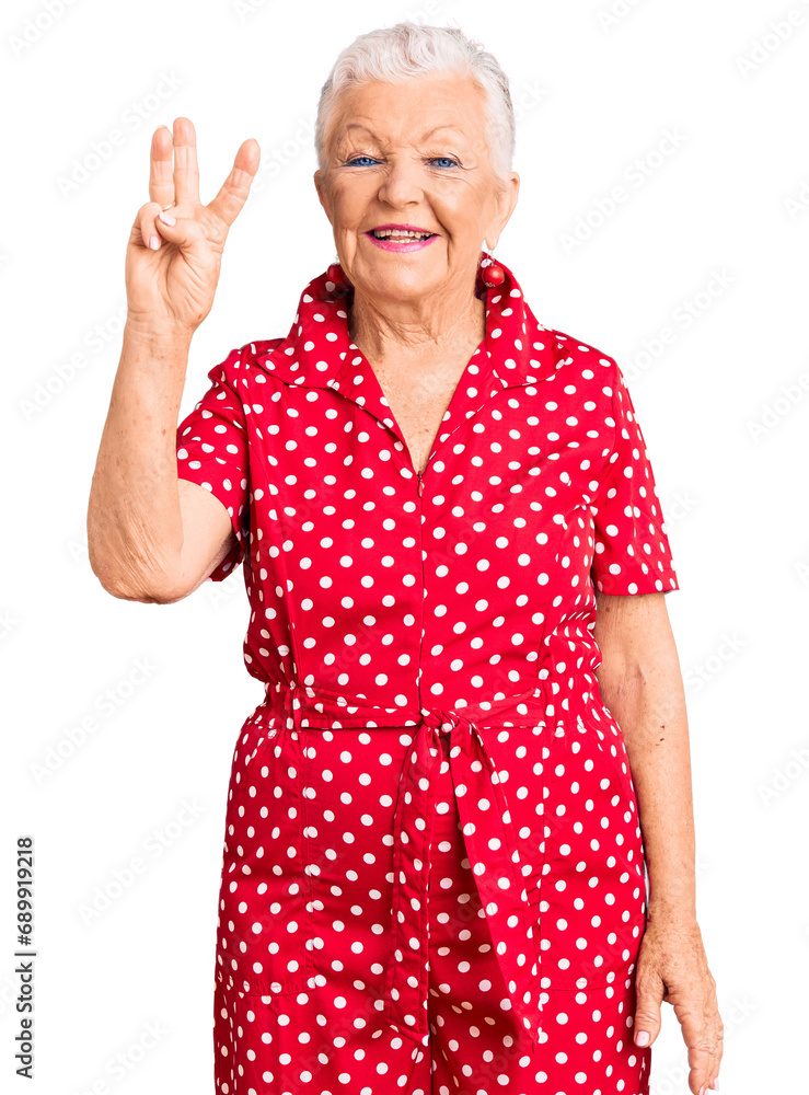 Senior beautiful woman with blue eyes and grey hair wearing a red summer dress showing and pointing up with fingers number three while smiling confident and happy. Senior beautiful woman with blue eyes and grey hair wearing a red summer dress showing and pointing up with fingers number three while smiling confident and happy.