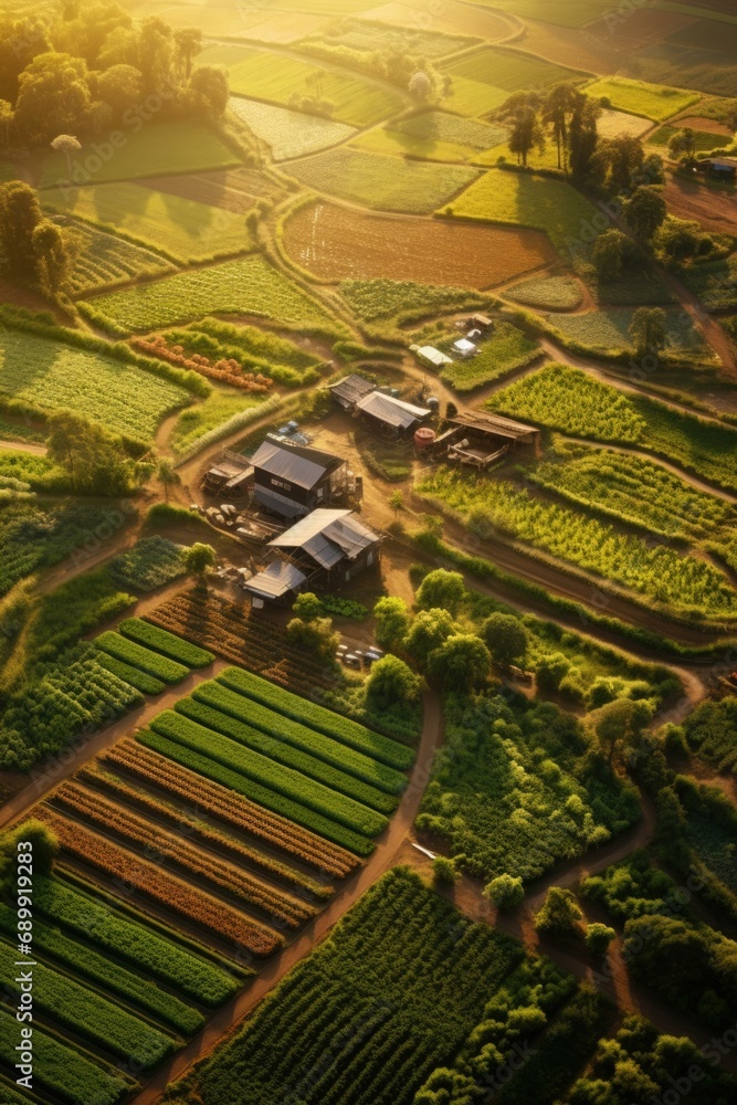 Fototapeta premium An aerial view of a farm and farm at sunset. Generative AI.