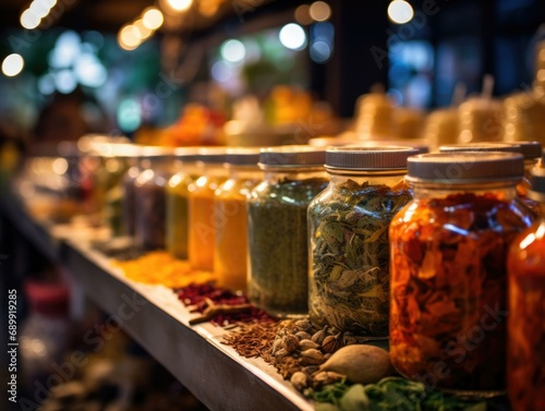 Jars of food are lined up on a table. Generative AI.