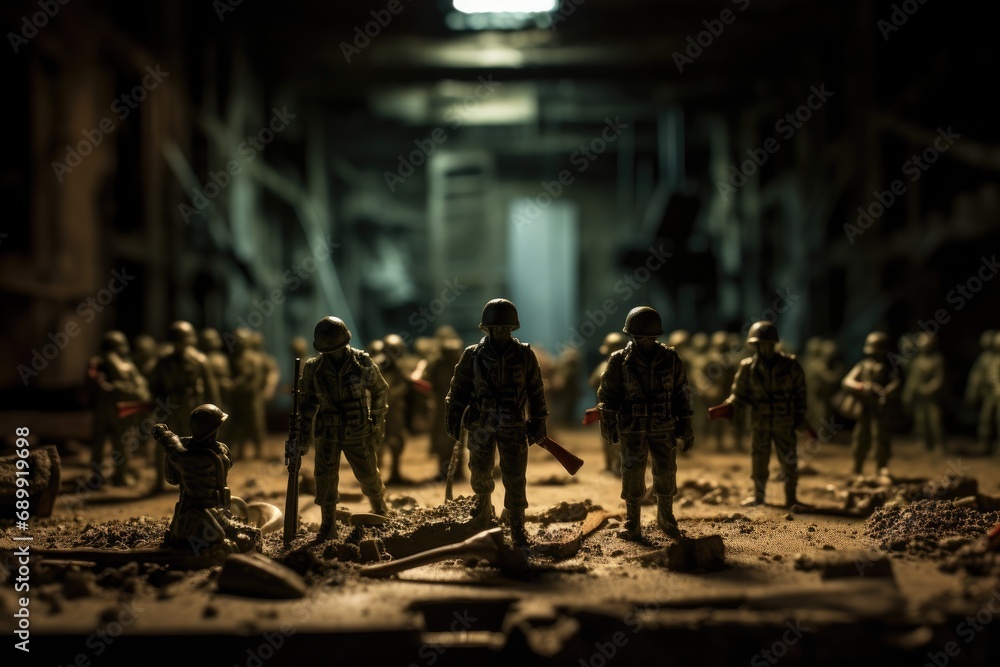 A group of toy soldiers standing in a room. Generative AI.