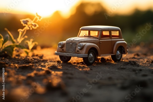 A toy car on a dirt field. Generative AI. photo