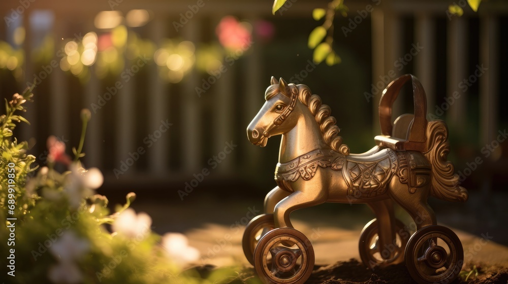 Fototapeta premium A toy horse in the dirt. Generative AI.